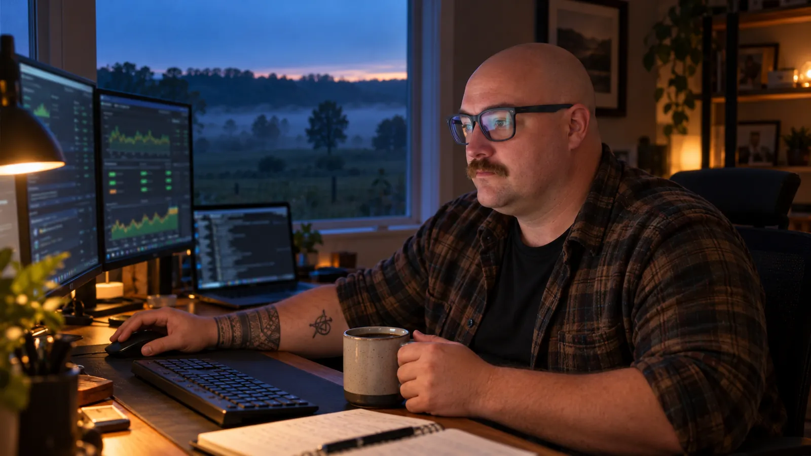 Joe Hill at his home-office desk before sunrise, two monitors of dashboards, coffee, misty pasture outside